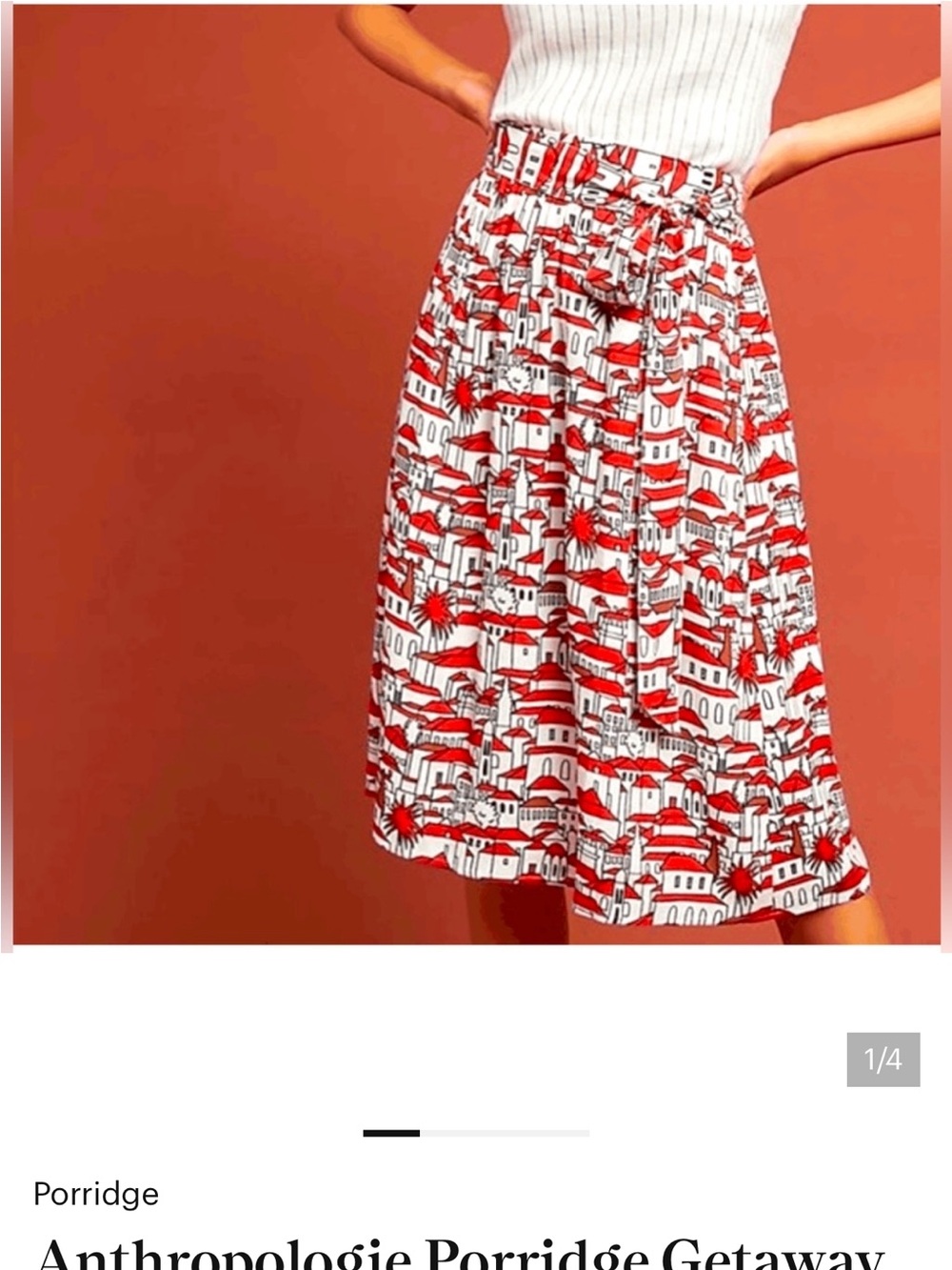 Anthropologie Porridge Getaway Front Tie-Waist Midi Skirt Small Red & White